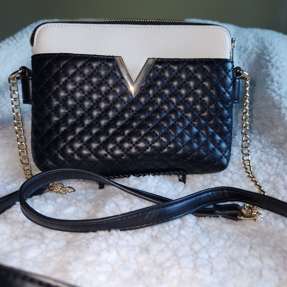 Black and White Quilted Crossbody Bag with Gold V Accent